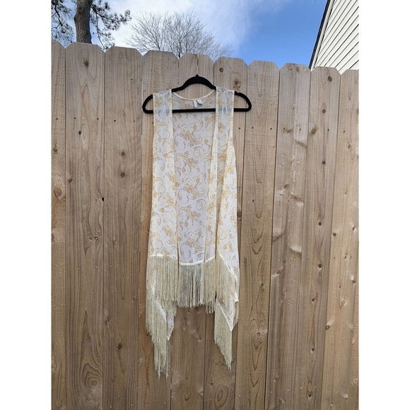 Cato Size Large Sleeveless Cardigan Fringe Paisley Light Pale Yellow Boho - Picture 3 of 6